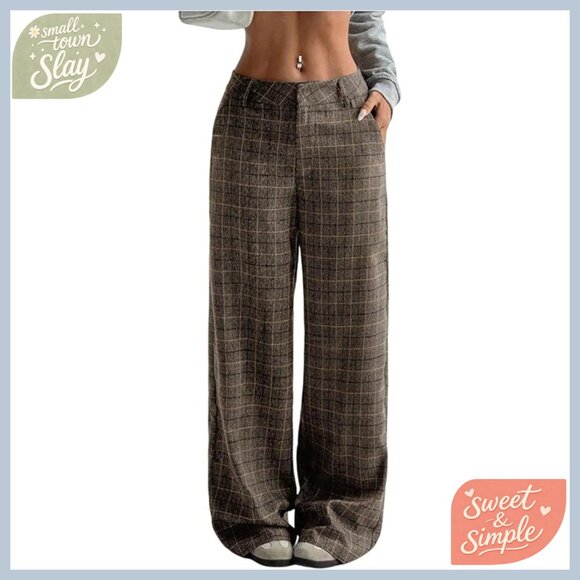 Low Rise Wide Leg Trousers with Pockets Flannel Casual Dress Pants